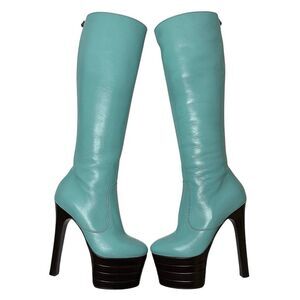 Gucci Aquamarine Teal Angel Feline Head Platform Knee High Zip Up Boot EU 36.5